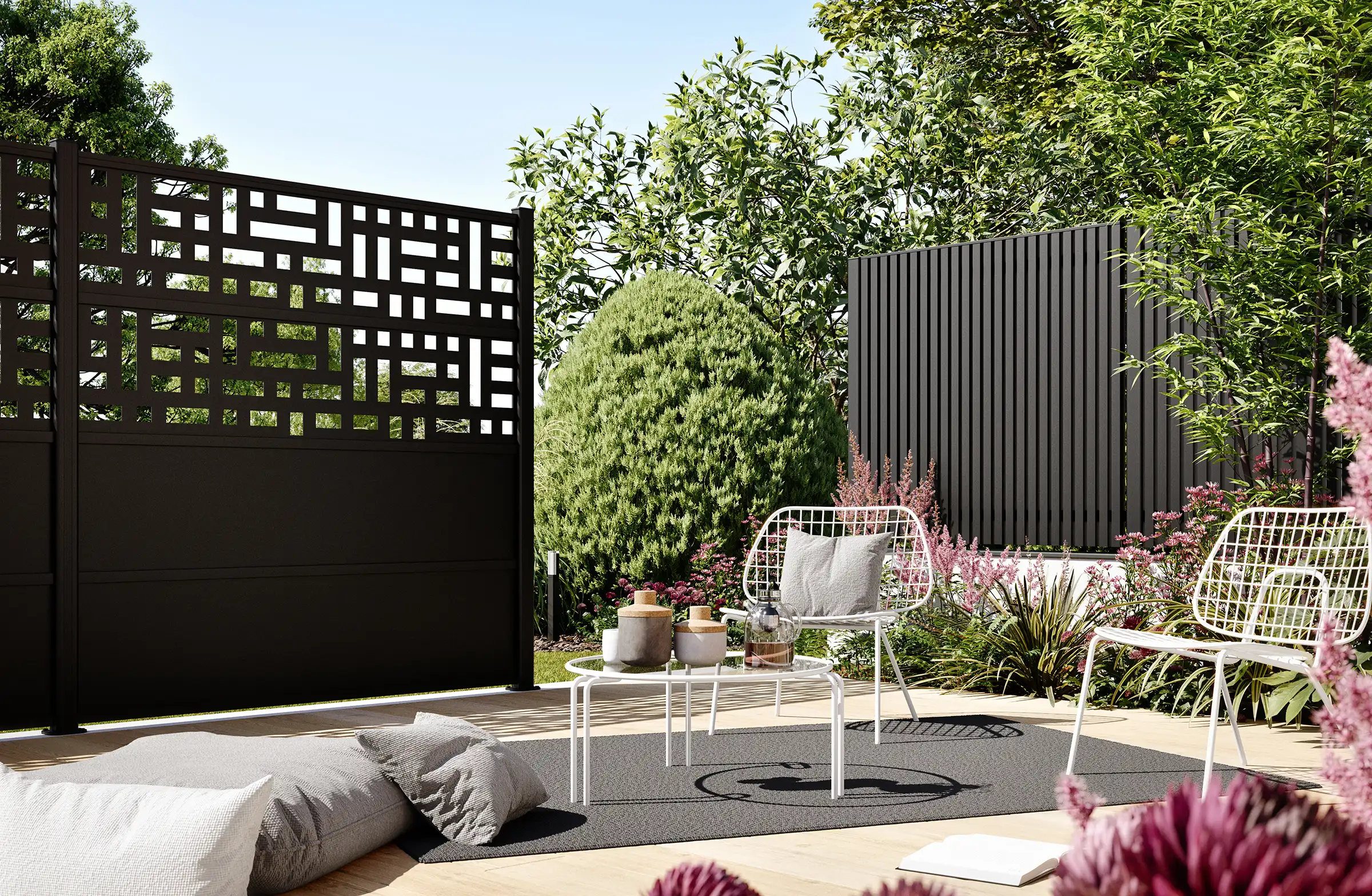 White aluminium privacy screen corner terrace installation